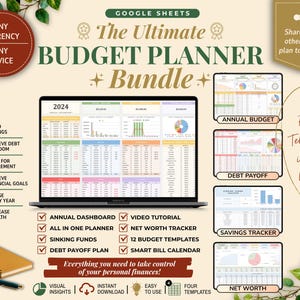 May include: A digital budget planner bundle for Google Sheets displayed on a laptop screen. The bundle includes an annual dashboard, debt payoff, savings tracker, and net worth templates. Text includes The Ultimate Budget Planner Bundle.