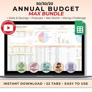 Annual Budget Spreadsheet Bundle Google Sheet 50 30 20 Budget Planner Debt Tracker Savings Forecast Bill Calendar Net Worth Tracker Digital