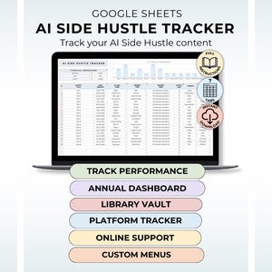 Könnte beinhalten: Ein Laptop zeigt eine Google Sheets-Tabelle mit dem Titel "AI SIDE HUSTLE TRACKER". Der Bildschirm zeigt Datentabellen und Diagramme. Der Text auf dem Bild lautet "Track your AI Side Hustle content" und Optionen wie "Track Performance" und "Annual Dashboard".