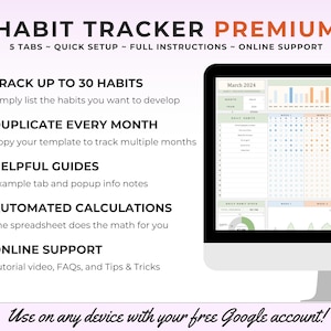 May include: A computer monitor displays a digital habit tracker spreadsheet. The screen shows a calendar layout with sections for daily habits and progress tracking. Text on the screen reads "Habit Tracker Premium" and highlights features like automated calculations and online support.