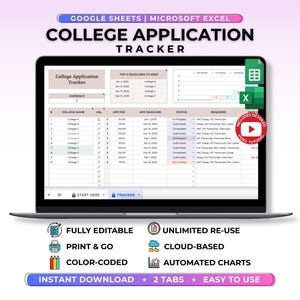 Strumento di monitoraggio delle domande di ammissione all'università (Foglio Google), modello di foglio di calcolo per la pianificazione universitaria, strumento di monitoraggio delle scadenze per la preparazione all'università (Excel), pianificatore universitario