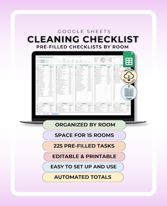 Cleaning Checklist Google Sheet Home Cleaning by Room Checklist House Cleaning Schedule Home Clean Checklist Home Maintenance Cleaning List