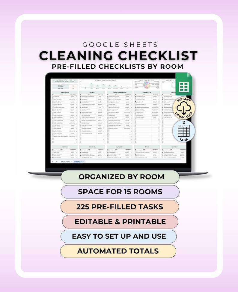 Cleaning Checklist Google Sheet Home Cleaning by Room Checklist House Cleaning Schedule Home Clean Checklist Home Maintenance Cleaning List image 1
