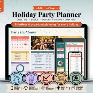 May include: A digital holiday party planner for Google Sheets displayed on a laptop, tablet, and smartphone. The interface features a party dashboard, budget planner, and checklist with text including Holiday Party Planner and Party Dashboard.