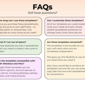 May include: An informational graphic titled FAQs Still have questions? featuring five rounded rectangular boxes with text. The boxes address usage duration, customisation, space limits, compatibility with Windows and Mac, and connectivity.