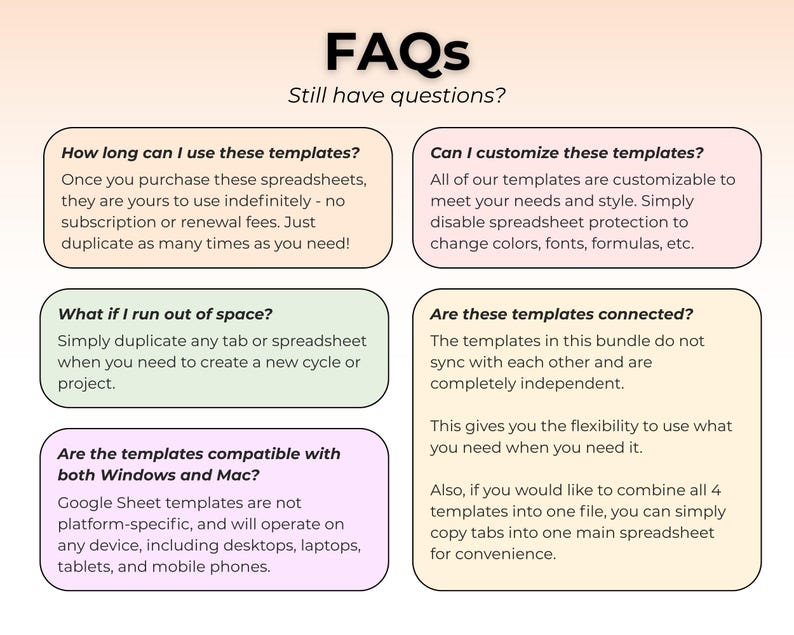 May include: An informational graphic titled FAQs Still have questions? featuring five rounded rectangular boxes with text. The boxes address usage duration, customisation, space limits, compatibility with Windows and Mac, and connectivity.