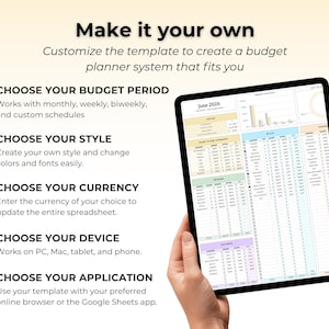 K&ouml;nnte beinhalten: Eine digitale Budgetplaner-Vorlage auf einem Tablet-Bildschirm, die ein Dashboard f&uuml;r Juni 2026 mit Finanztabellen, Diagrammen und Spalten f&uuml;r Einnahmen, Ausgaben und Ersparnisse zeigt. Der Text enth&auml;lt 'Make it your own' und 'Choose your budget period'.