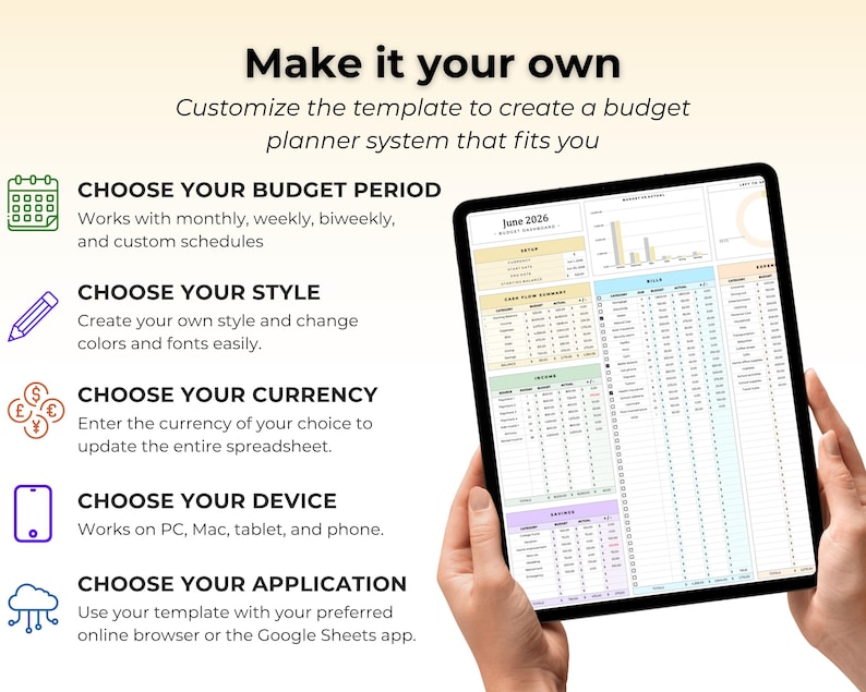 K&ouml;nnte beinhalten: Eine digitale Budgetplaner-Vorlage auf einem Tablet-Bildschirm, die ein Dashboard f&uuml;r Juni 2026 mit Finanztabellen, Diagrammen und Spalten f&uuml;r Einnahmen, Ausgaben und Ersparnisse zeigt. Der Text enth&auml;lt 'Make it your own' und 'Choose your budget period'.