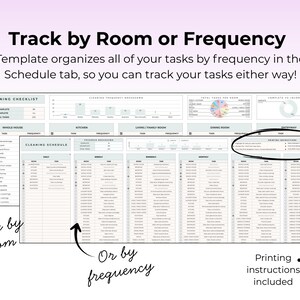 May include: A digital cleaning checklist template with the text "Track by Room or Frequency." The template organizes tasks by frequency, with options to track by room or frequency. Includes printing instructions.