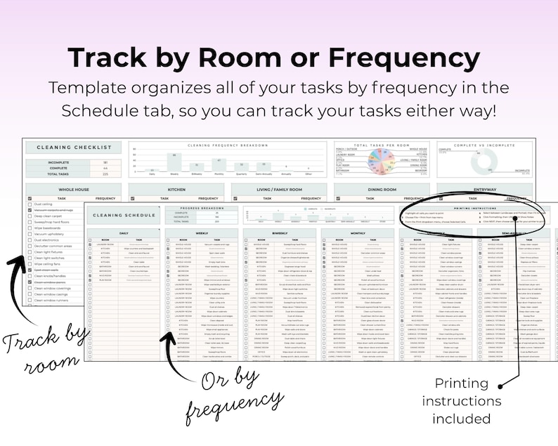 May include: A digital cleaning checklist template with the text "Track by Room or Frequency." The template organizes tasks by frequency, with options to track by room or frequency. Includes printing instructions.