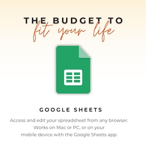 K&ouml;nnte beinhalten: Ein gr&uuml;nes Google Sheets Dokumentensymbol unter dem Text THE BUDGET TO fit your life. Unter dem Symbol steht der Text GOOGLE SHEETS, gefolgt von Access and edit your spreadsheet from any browser. Works on Mac or PC, or on your mobile device with the Google Sheets app.