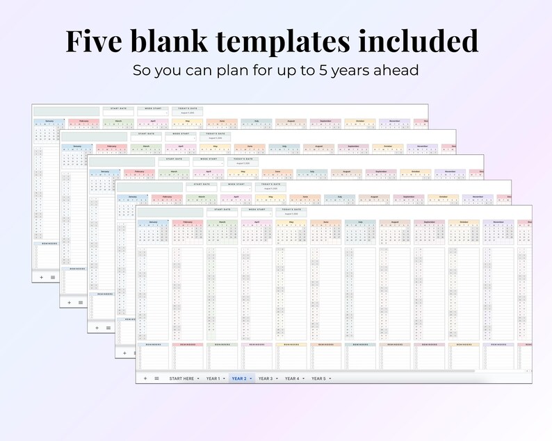 Year At A Glance Monthly Life Planner Year Planning Sheets Template Monthly Plan 12 Month Minimal Digital Planner Simple 5 Year Planner image 7