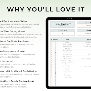 May include: A digital tablet displaying a home inventory tracker. The screen shows a spreadsheet with item details, including a sofa set, TV, and dining room set. Text on the screen reads "Home Inventory Tracker". The tablet is black with a white background.