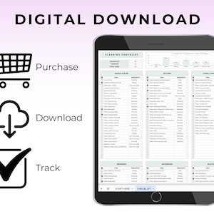 May include: A digital download graphic with the text "DIGITAL DOWNLOAD". The image shows a tablet displaying a cleaning checklist, with icons for purchase, download, and track. The checklist is organized by room and task.