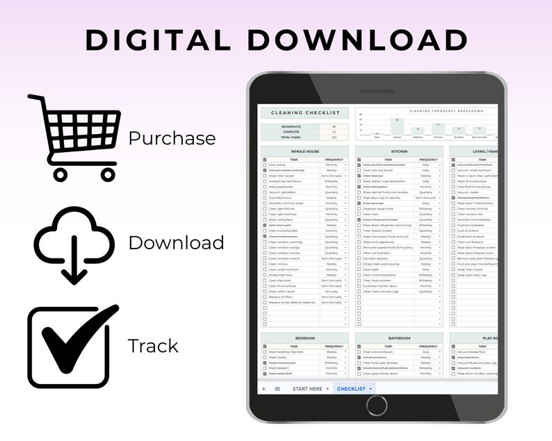 May include: A digital download graphic with the text "DIGITAL DOWNLOAD". The image shows a tablet displaying a cleaning checklist, with icons for purchase, download, and track. The checklist is organized by room and task.