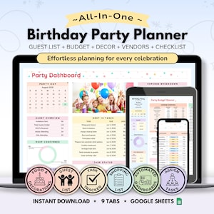 Puede incluir: Una plantilla digital de planificador de fiestas de cumpleaños todo en uno para Google Sheets mostrada en una computadora portátil, tableta y teléfono inteligente. La interfaz incluye un panel de control, lista de invitados y presupuesto.
