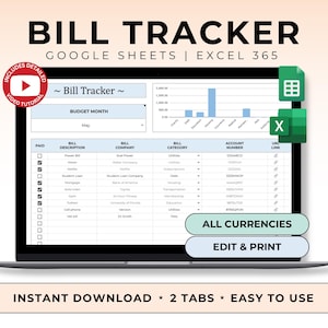 Monthly Bill Tracker Excel Spreadsheet Digital Bill Tracker Google Sheet Finance Organizer Template Bill Organizer Personal Finance Planner