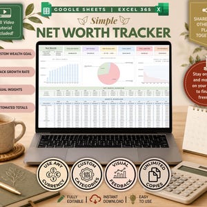Net Worth Tracker Spreadsheet:  Finance Dashboard Google Sheets & Excel (Digital Download)