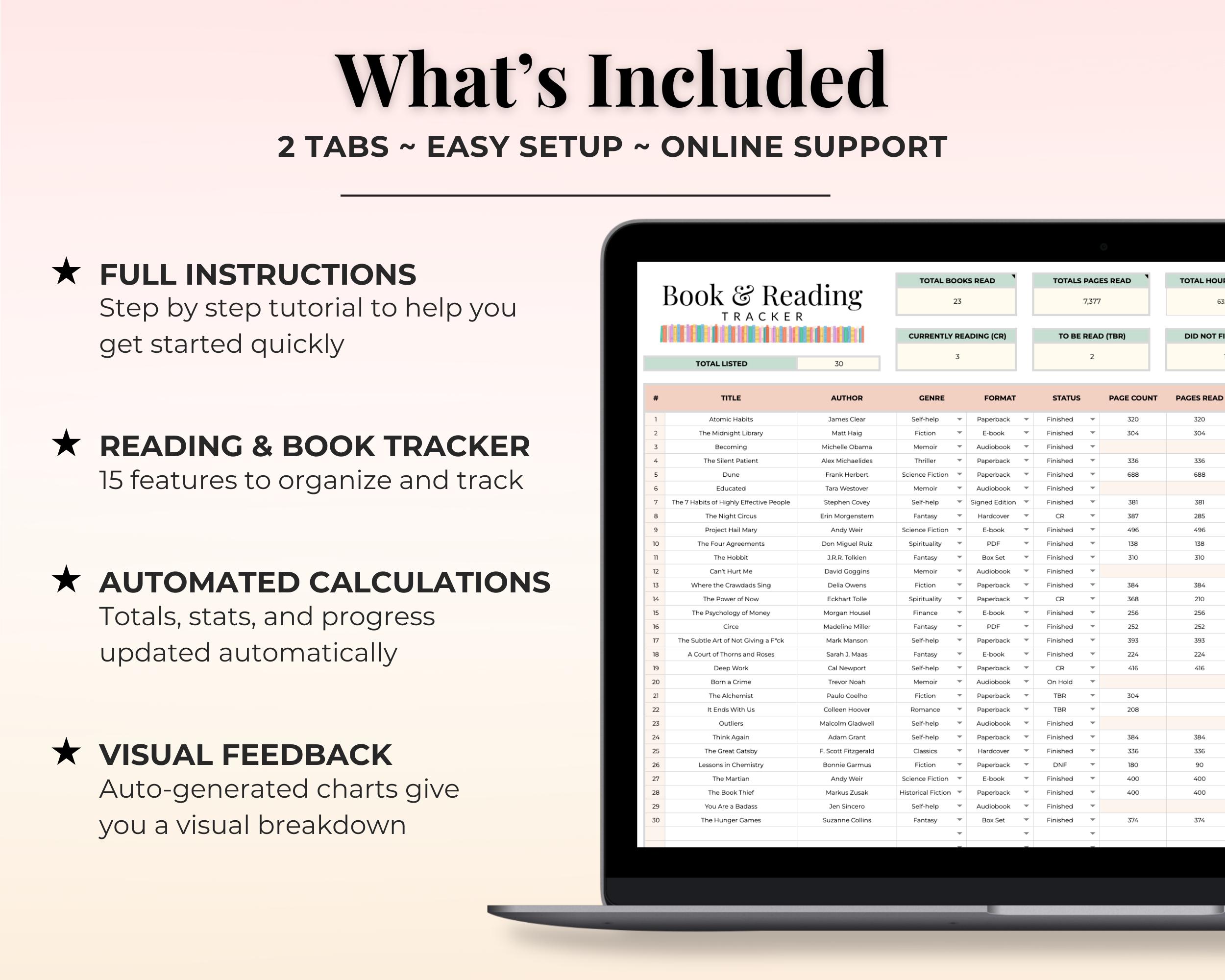 Book and Reading Tracker Spreadsheet Google Sheet Reading Journal ...