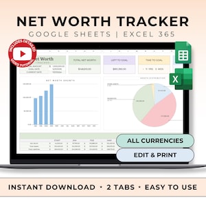 以下が含まれることがあります： 「Net Worth Tracker」のスプレッドシートを表示するラップトップの画面。スプレッドシートには、グラフ、財務データ、およびテキスト「Google Sheets | Excel 365」が含まれています。追加のテキストには「Instant Download * 2 Tabs * Easy to Use」が含まれています。