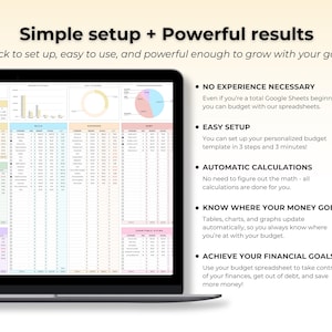 K&ouml;nnte beinhalten: Ein Laptop-Bildschirm zeigt eine digitale Budget-Tabelle f&uuml;r Juni 2026 mit bunten Diagrammen, Tabellen und Finanzdaten. Der Text auf dem Bildschirm lautet Simple setup + Powerful results, No experience necessary, Easy setup, Automatic calculations, Know where your money goes und Achieve your financial goals.