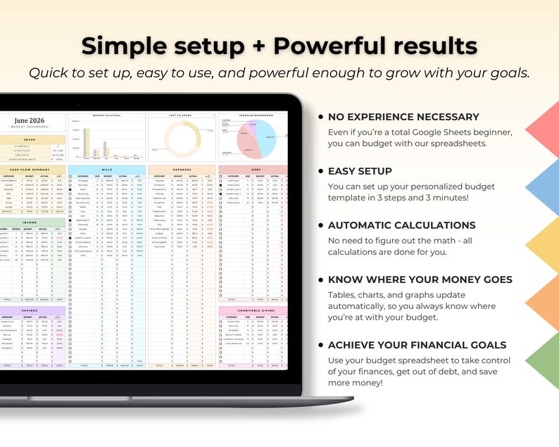 K&ouml;nnte beinhalten: Ein Laptop-Bildschirm zeigt eine digitale Budget-Tabelle f&uuml;r Juni 2026 mit bunten Diagrammen, Tabellen und Finanzdaten. Der Text auf dem Bildschirm lautet Simple setup + Powerful results, No experience necessary, Easy setup, Automatic calculations, Know where your money goes und Achieve your financial goals.