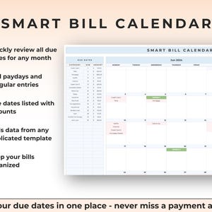 May include: A digital Smart Bill Calendar template for June 2024 featuring a monthly grid layout with color-coded entries for paydays and bills, alongside a sidebar listing categories, due dates, and amounts for organized financial tracking.