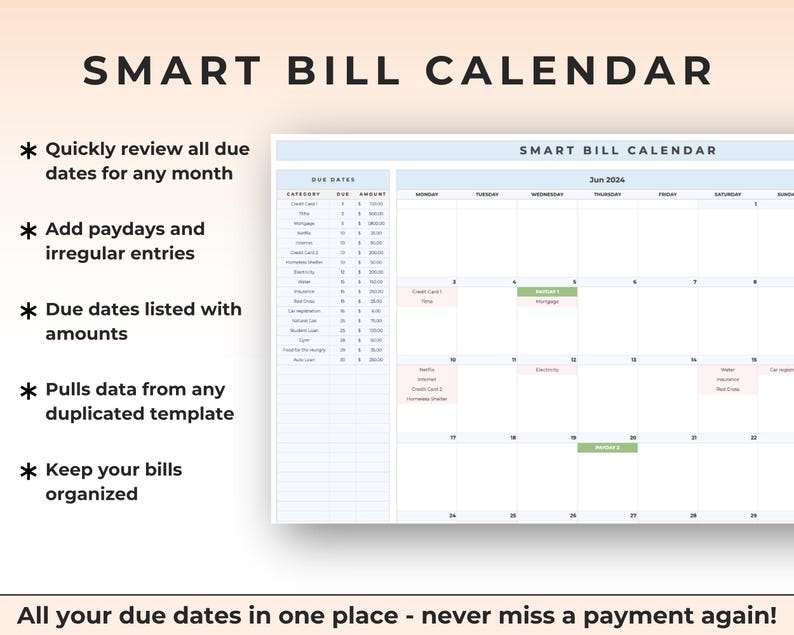 May include: A digital Smart Bill Calendar template for June 2024 featuring a monthly grid layout with color-coded entries for paydays and bills, alongside a sidebar listing categories, due dates, and amounts for organized financial tracking.