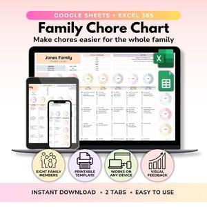 May include: A digital family chore chart displayed on a laptop, tablet, and smartphone. The chart includes the text "Family Chore Chart" and "Make chores easier for the whole family." Additional text includes "Eight Family Members," "Printable Template," and "Works on Any Device."
