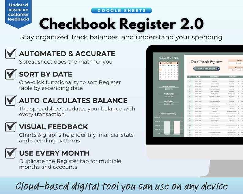 Budget & Checkbook Register Google Sheets Bank Account Tracker Finance ...