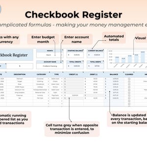 May include: A digital checkbook register spreadsheet template featuring columns for date, description, category, type, credit, debit, balance, cleared, and memo. The layout includes sections for starting balance, current balance, and a bar chart for visual feedback.
