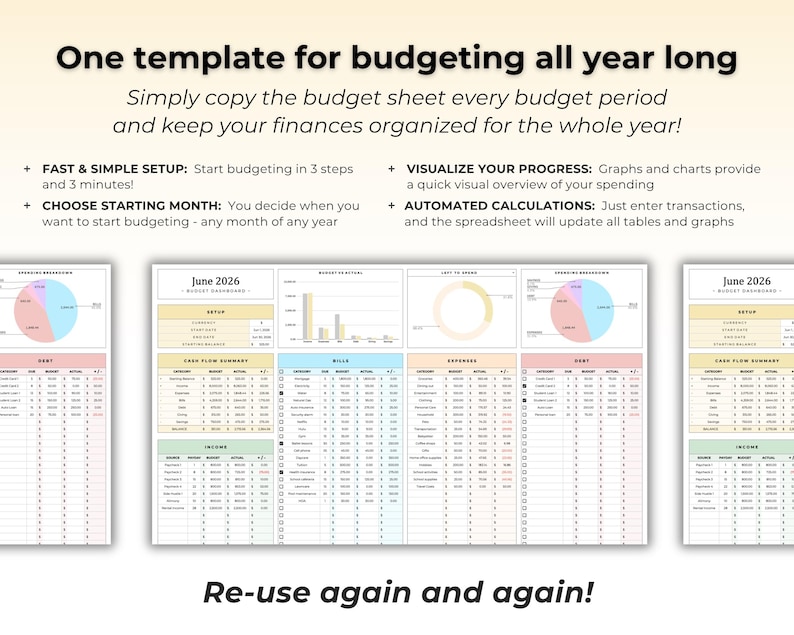 K&ouml;nnte beinhalten: Eine digitale Budget-Tabellenvorlage mit einem Dashboard, das Kreisdiagramme, Balkendiagramme und organisierte Tabellen f&uuml;r Einnahmen, Rechnungen und Ausgaben enth&auml;lt. Die Benutzeroberfl&auml;che umfasst Abschnitte f&uuml;r Juni 2026, Cashflow-Zusammenfassungen und Schulden.