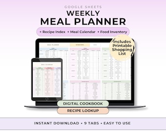 Meal Prep Planner Recipe Journal Google Sheet Template Food Inventory Digital Grocery List Meal Calendar Weekly Menu Template Food Tracker