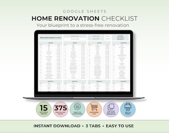 May include: A laptop screen shows a "Home Renovation Checklist" spreadsheet in Google Sheets. The checklist is divided into renovation categories. Text includes "Instant Download", "Easy to Use", and icons for editing, shopping, and customisation.
