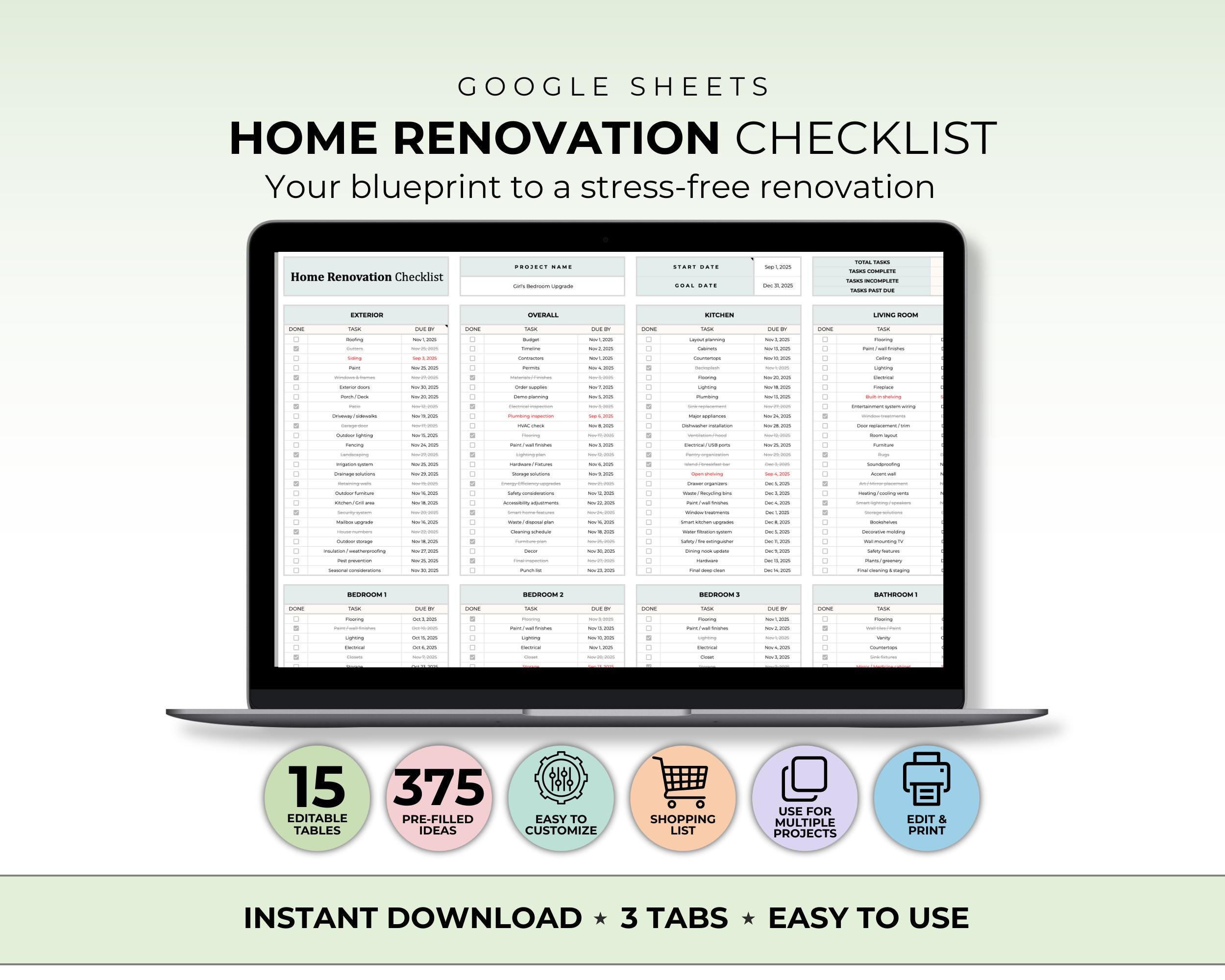 Home Renovation Checklist Google Sheet Home Renovation Planner ...