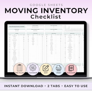 Pode incluir: Um laptop exibe uma lista de verificação de inventário de mudança do Google Sheets. A tela mostra uma planilha detalhada com seções para vários cômodos e itens. O texto "MOVING INVENTORY Checklist" está no topo. Ícones para pré-preenchido, personalizar, editar, imprimir e duplicar estão na parte inferior.