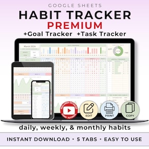 Może przedstawiać: Cyfrowy tracker nawyków wyświetlany na laptopie, tablecie i telefonie. Ekran pokazuje szczegółowy arkusz kalkulacyjny ze śledzeniem nawyków dziennych, tygodniowych i miesięcznych. Tekst zawiera "HABIT TRACKER PREMIUM", "+Goal Tracker +Task Tracker".