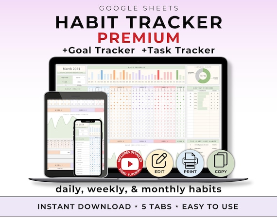 Habit Tracker Daily Weekly Monthly Habit Planner Template Google Sheet Habit Tracker Goal Setting Habit Tracking Sheet Task Tracker Template