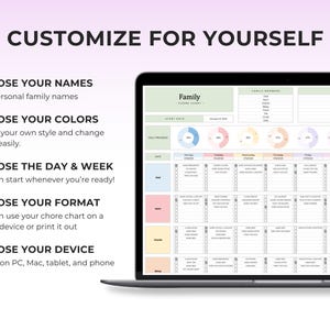 May include: A digital chore chart displayed on a laptop screen. The chart is titled "Family" and includes sections for daily tasks, family members, and notes. Text on the screen reads "Customize for Yourself" and details customization options.