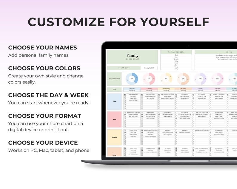 May include: A digital chore chart displayed on a laptop screen. The chart is titled "Family" and includes sections for daily tasks, family members, and notes. Text on the screen reads "Customize for Yourself" and details customization options.