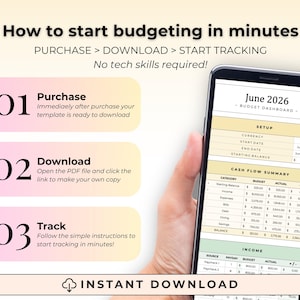 K&ouml;nnte beinhalten: Ein Smartphone zeigt eine Budget-Dashboard-Vorlage f&uuml;r Juni 2026. Das Bild enth&auml;lt den Text: How to start budgeting in minutes, PURCHASE > DOWNLOAD > START TRACKING, No tech skills required, 01 Purchase, 02 Download, 03 Track, und INSTANT DOWNLOAD.