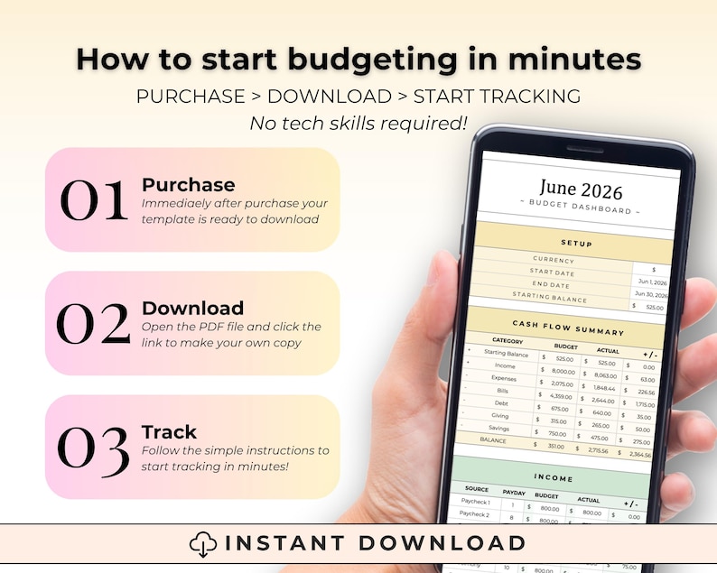K&ouml;nnte beinhalten: Ein Smartphone zeigt eine Budget-Dashboard-Vorlage f&uuml;r Juni 2026. Das Bild enth&auml;lt den Text: How to start budgeting in minutes, PURCHASE > DOWNLOAD > START TRACKING, No tech skills required, 01 Purchase, 02 Download, 03 Track, und INSTANT DOWNLOAD.