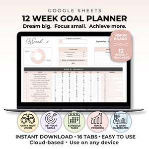 12 Week Goal Planner Google Sheet 12 Week Year 2026 Goal Planning Spreadsheet 90 Day Action Plan Quarterly Goals Tracker Vision Board Sheet