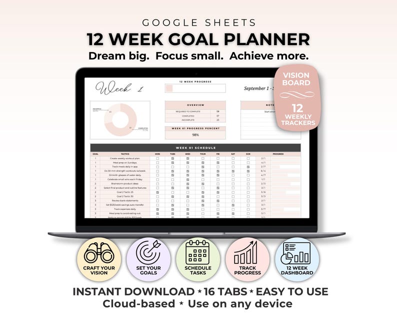 12 Week Goal Planner Google Sheet 12 Week Year 2026 Goal Planning Spreadsheet 90 Day Action Plan Quarterly Goals Tracker Vision Board Sheet image 1