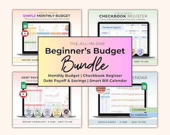 Può includere: Un pacchetto digitale per Google Sheets intitolato The All-In-One Beginner's Budget Bundle, che mostra quattro schermi di computer con un budget mensile, un registro degli assegni, il pagamento dei debiti e un calendario delle bollette.
