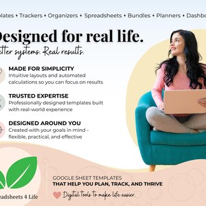 May include: A digital marketing graphic for EZ Spreadsheets 4 Life featuring the text Designed for real life. Better systems. Real results. It lists features including Made for Simplicity, Trusted Expertise, and Designed Around You with icons.