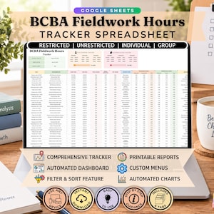 May include: A Google Sheets BCBA Fieldwork Hours Tracker spreadsheet displayed on a laptop screen. The interface includes columns for dates, fieldwork hours, supervision hours, and categories like restricted, unrestricted, individual, and group.
