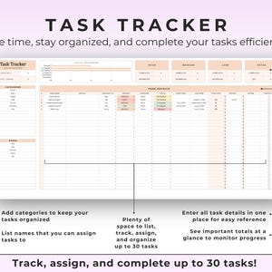 May include: A digital task tracker with a peach and white color scheme. The title "TASK TRACKER" is at the top. The tracker includes sections for categories, names, task details, and totals. Text on the image says "Save time, stay organized, and complete your tasks efficiently!"