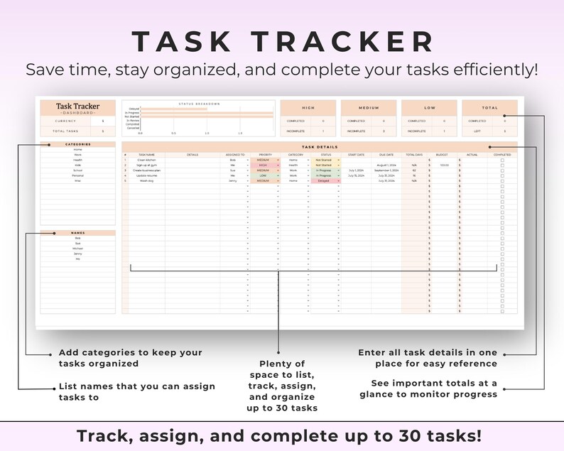 May include: A digital task tracker with a peach and white color scheme. The title "TASK TRACKER" is at the top. The tracker includes sections for categories, names, task details, and totals. Text on the image says "Save time, stay organized, and complete your tasks efficiently!"