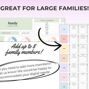 May include: A printable family chore chart with the text "Family - Chore Chart" and "Great for Large Families!". The chart includes spaces for family members and tasks, with a start date of January 13, 2025. The image also includes the text "Add up to 8 family members!"